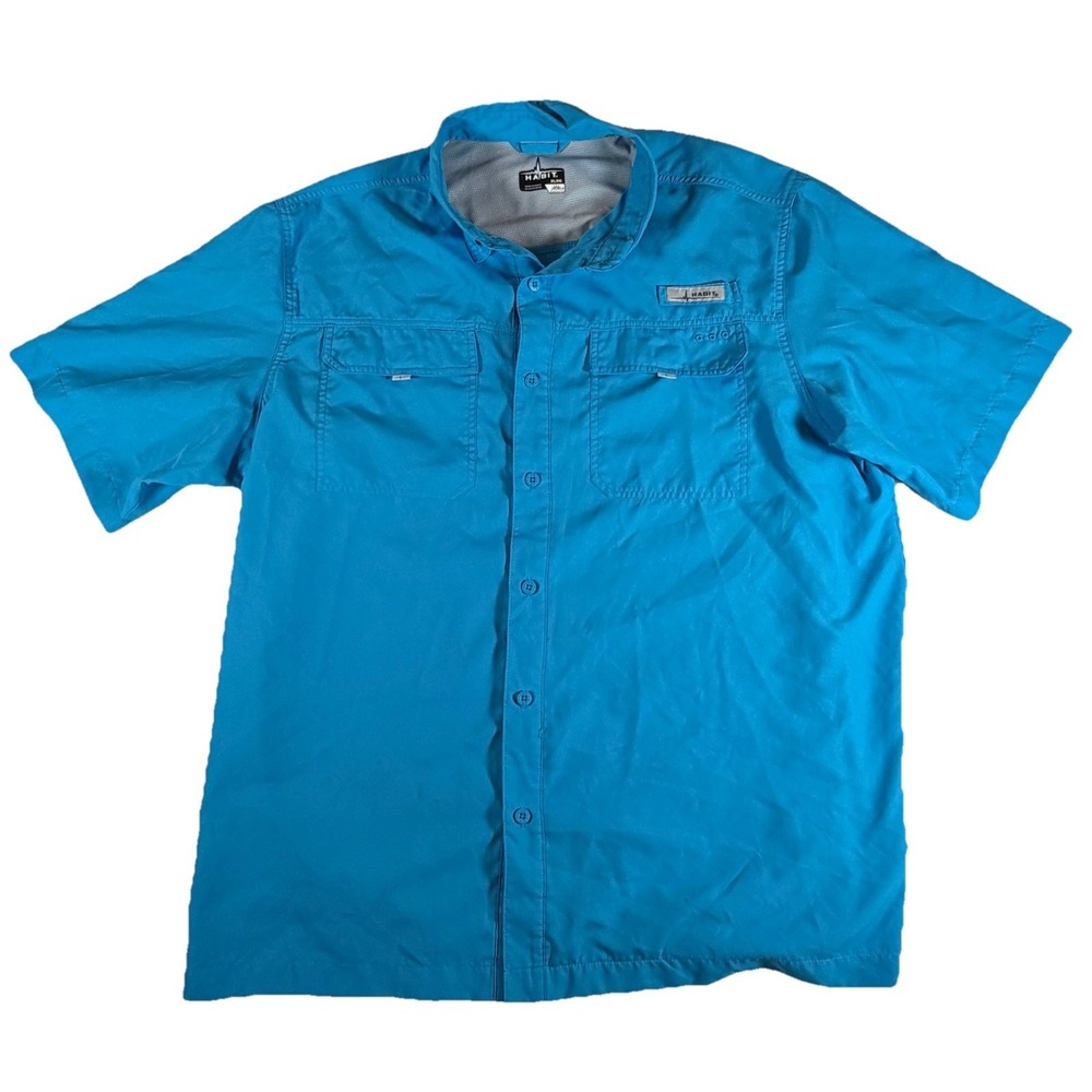 Habit Shirt Men's Sz XL Blue Outdoor Fishing Short Sleeve Button UPF 40+